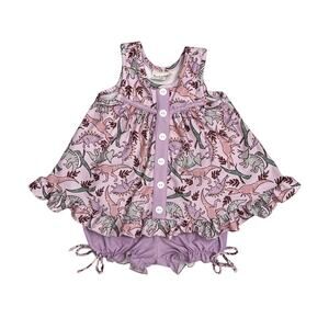 Eliza Grace Outfit Girls 12M Lilac Dinosaur Print Ruffle Tunic Top Bloomer Set